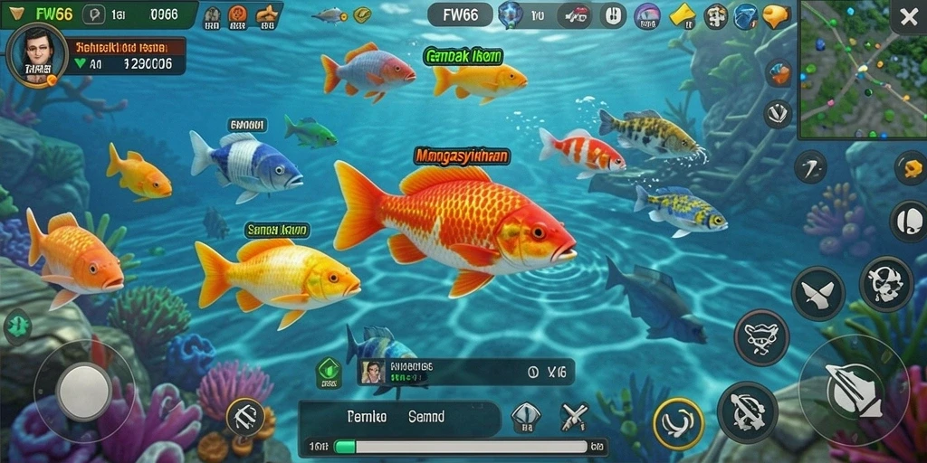 Screenshot FW66 menunjukkan pemain sedang menembak ikan di laut.