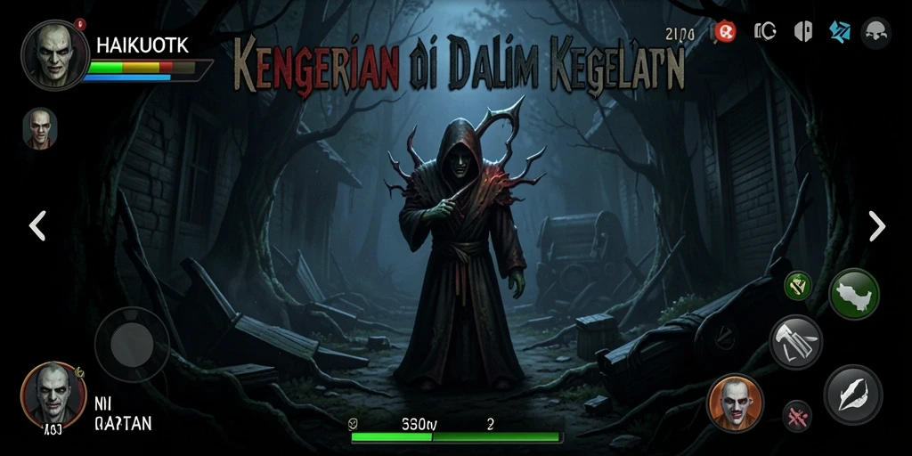 Screenshot tampilan gameplay HAIKUOTK yang mendebarkan dengan elemen horor.