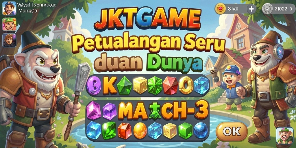 Screenshot utama JKTGAME menampilkan keseruan gameplay Match-3 yang penuh warna.