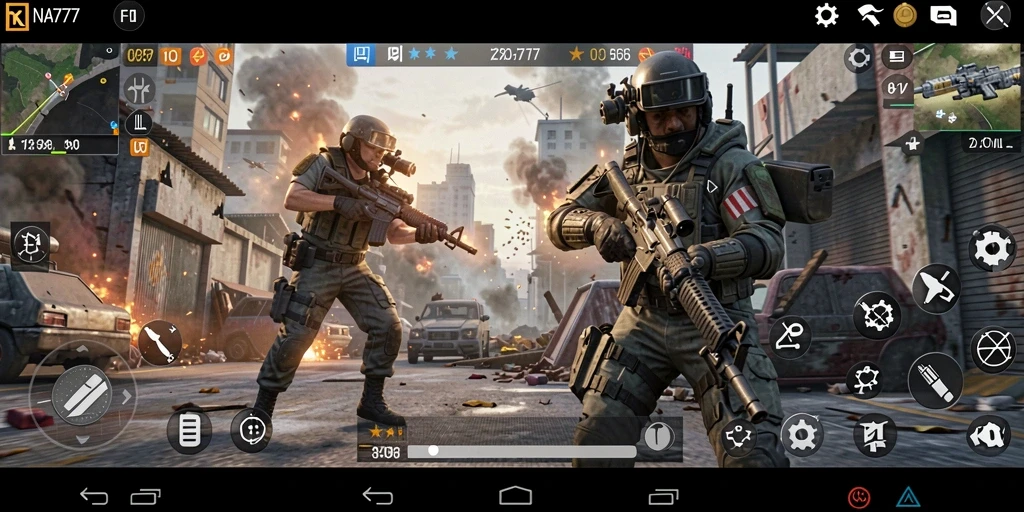 Tangkapan layar utama NA777 yang menampilkan aksi gameplay FPS yang seru.