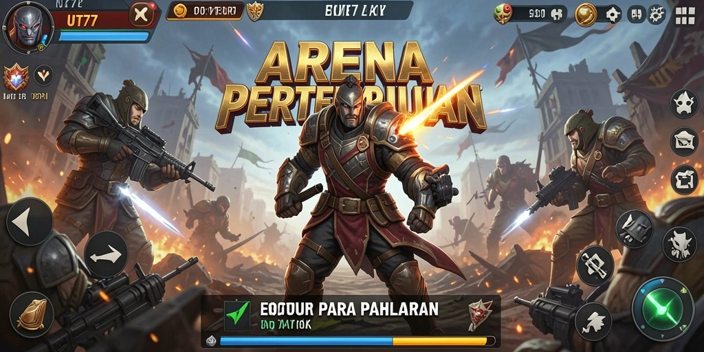 Tangkapan layar UT77 menunjukkan aksi intens dalam pertandingan MOBA.